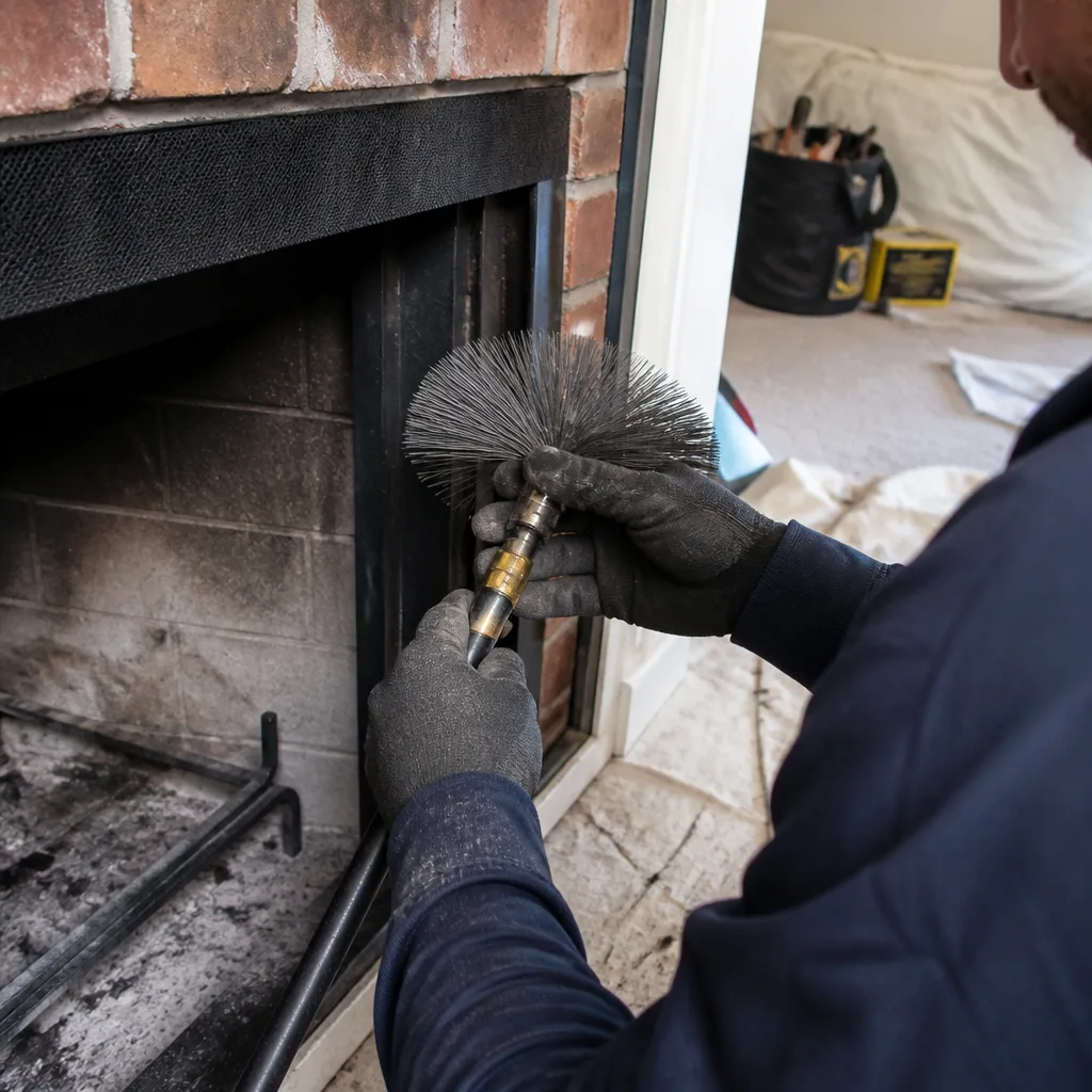 Chimney sweep technician cleaning gas fireplace with wire brush tool