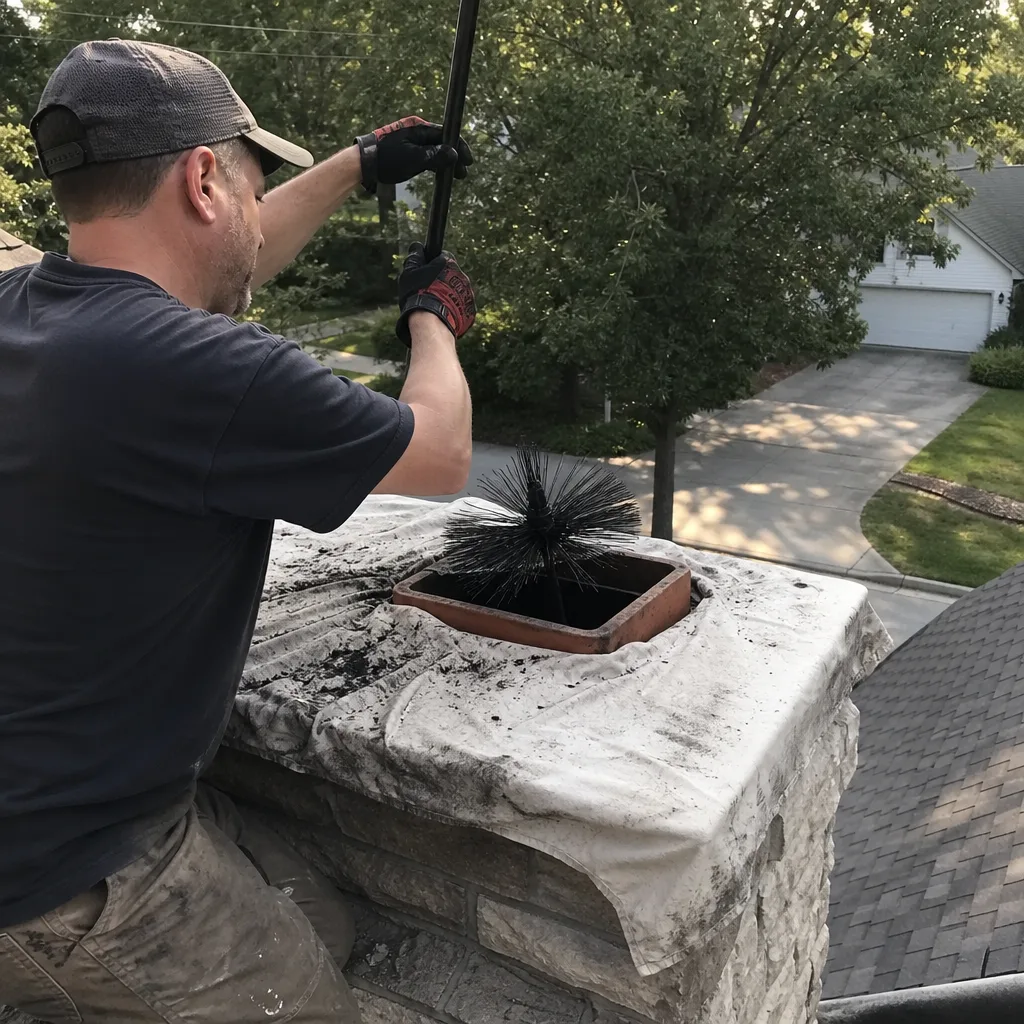 Professional technician performing maintenance on a residential chimney flue